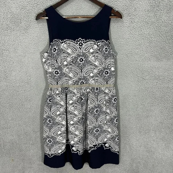 LOFT dress womens 10 blue paisley geometric print sleeveless fit & flare keyhole - Picture 1 of 6